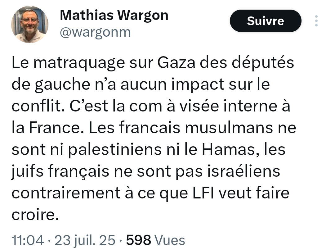 L_Wcrdt's tweet image. 1ère phrase : Parler abondamment d'un génocide en cours a forcément un impact sur le conflit. Ne pas le faire volontairement est une forme de complicité.
Reste du tweet : Bouillie incompréhensible fondée sur un mensonge.