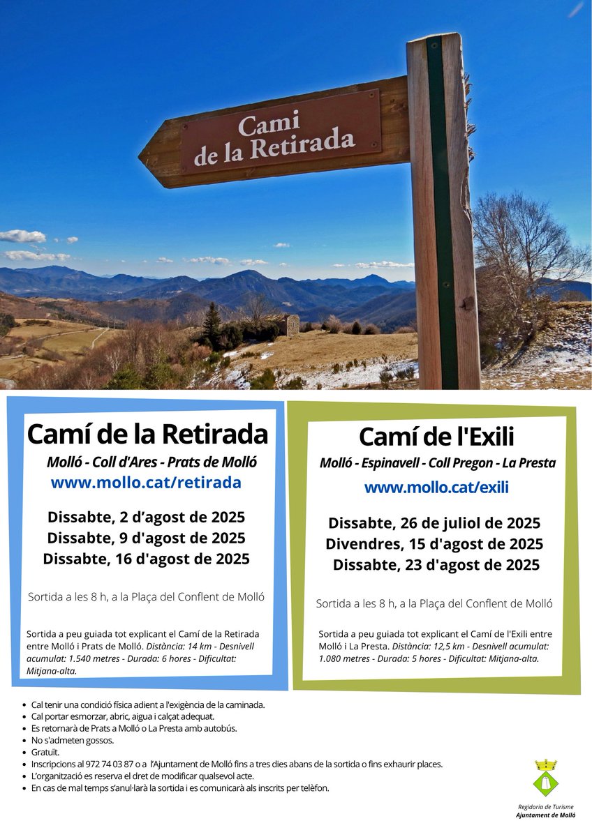 AjuntamentMollo's tweet image. Aquest dissabte 26 de juliol fem la caminada guiada gratuïta pel Camí de l'Exili (Molló - Espinavell - Coll Pregon - La Presta).
Apunta't a algunes de les nostres caminades per descobrir els camins de la retirada i de l'exili: mollo.cat/caminshistorics