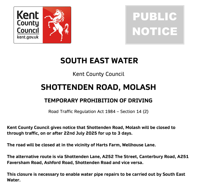 KCC Highways (@kenthighways) on Twitter photo Molash, Shottenden Road. Road closed until 24th July for <a href="/sewateruk/">South East Water</a> works: moorl.uk/?z767sj Molash, Shottenden Road. Road closed until 24th July for <a href="/sewateruk/">South East Water</a> works: moorl.uk/?z767sj