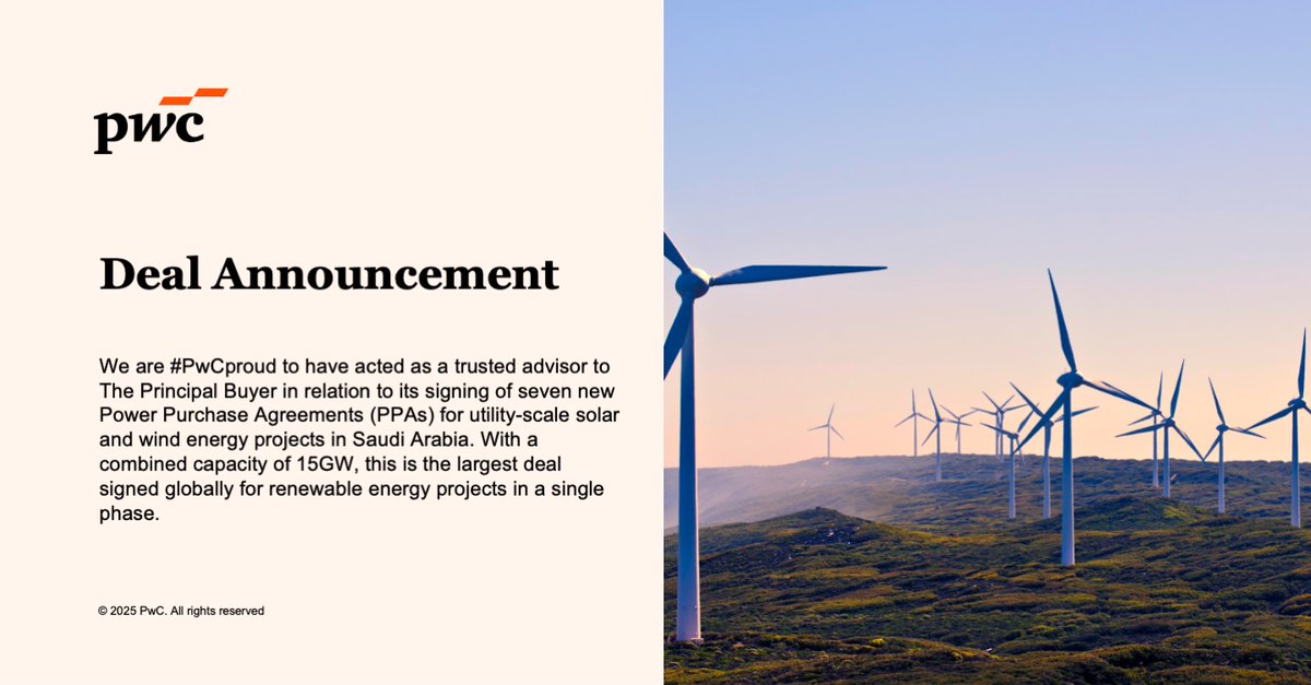 We are #PwCproud to have acted as a trusted advisor to The Principal Buyer in relation to its signing of seven new Power Purchase Agreements (PPAs) for utility-scale renewable solar and wind energy projects in Saudi Arabia. With a combined capacity of 15GW, this is the largest