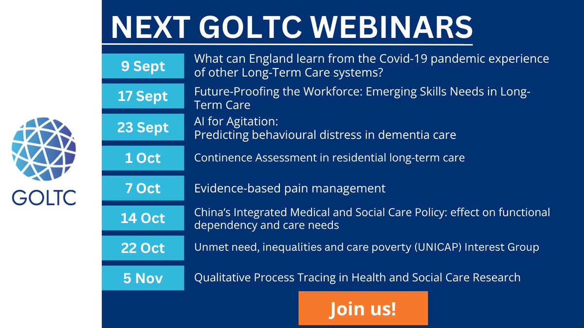 CPEC_LSE's tweet image. 🗓️Get your diaries out! The schedule of autumn @GlobalObLTC webinars is up!🍂
Themes including #Covid19 #AI #DementiaCare #PainManagement #SocialCarePolicy #Inequalities #QualitativeResearch - There's something for everyone!
Find out more and register: goltc.org/news/