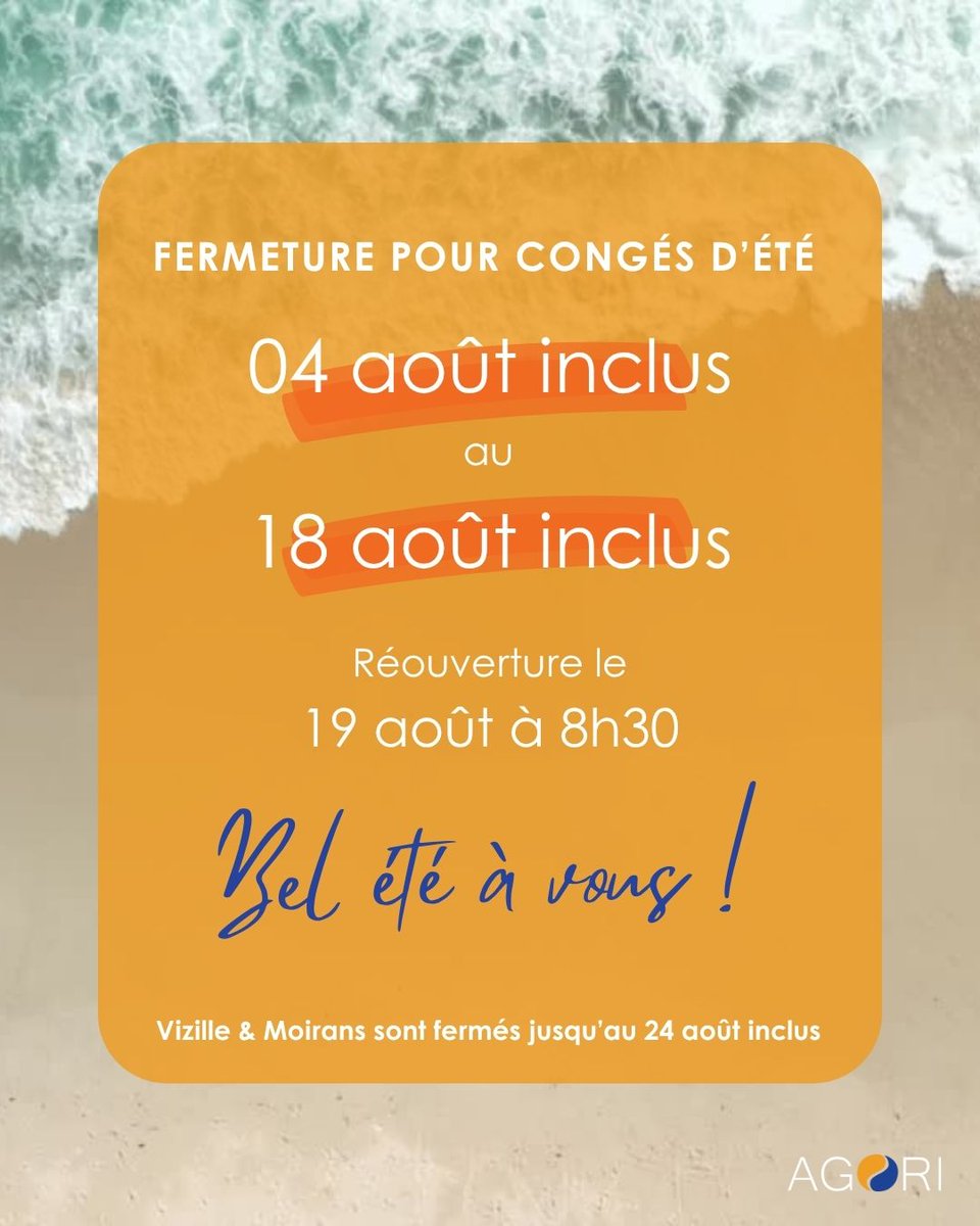 🦀  Fermeture annuelle pour les vacances d'été. Nous serons en congés du 04/08/2025 au 18/08/2025 inclus. Bel été à tous ! Profitez, respirez, déconnectez !
-
*𝘝𝑖𝘻𝑖𝘭𝑙𝘦 𝘦𝑡 𝑀𝘰𝑖𝘳𝑎𝘯𝑠 𝑑𝘶 04/08/2025 𝑎𝘶 24/08/2025 𝑖𝘯𝑐𝘭𝑢𝘴.