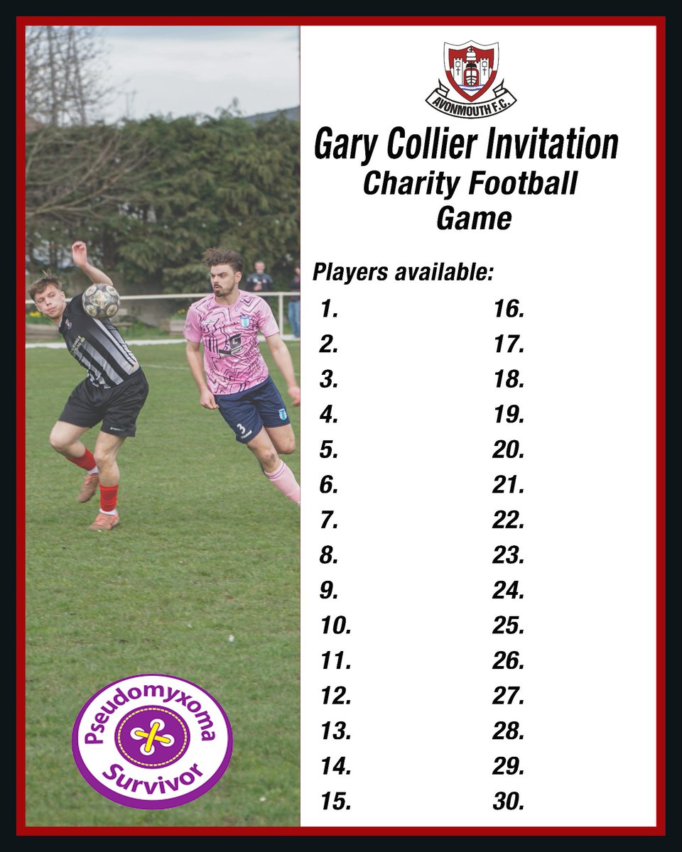 Avonmouth FC (@avonmouthfc) on Twitter photo โฝ GARY COLLIER INVITATIONAL โฝ
Charity Football Game
๐ Avonmouth FC
๐
Tonight.. 23rd July
โฐ Kick-Off: 18:00
Proudly supporting Pseudomyxoma Survivor
๐ Support โข Awareness โข Research
pseudomyxomasurvivor.org
#football #charityevent
<a href="/swsportsnews/">South West Sports News</a>
<a href="/bsoccerworld/">Bristol Soccerworld</a> โฝ GARY COLLIER INVITATIONAL โฝ
Charity Football Game
๐ Avonmouth FC
๐
Tonight.. 23rd July
โฐ Kick-Off: 18:00
Proudly supporting Pseudomyxoma Survivor
๐ Support โข Awareness โข Research
pseudomyxomasurvivor.org
#football #charityevent
<a href="/swsportsnews/">South West Sports News</a>
<a href="/bsoccerworld/">Bristol Soccerworld</a>