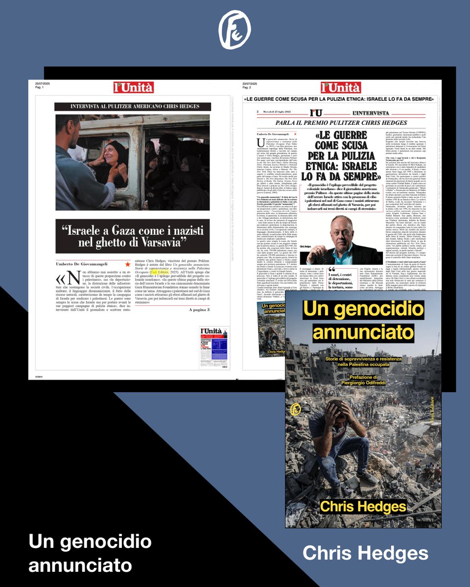 FaziEditore's tweet image. «"Un genocidio annunciato. Storie di sopravvivenza e resistenza nella Palestina Occupata" (Fazi Editore, 2025), è un libro prezioso, uno straordinario reportage dalla Palestina, con testimonianze dirette e raccolte sul campo, nel solco del grande giornalismo di guerra. L'autore è…