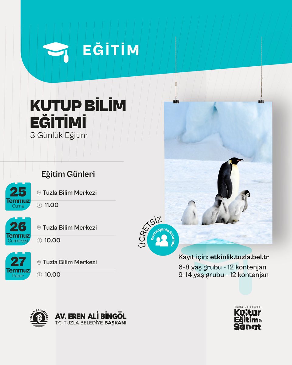 Kutup Bilim Eğitimi 🐧❄️

6-8 yaş ve 9-14 yaş grubu öğrencilerimiz kutup bölgelerindeki iklim değişikliği ve bilimsel araştırmalarla keyifli bir eğitim geçirecekler. 

3 gün sürecek olan eğitime bekliyoruz. Kontenjanla sınırlı, hemen yerinizi ayırtın. 

 🗓️ 25-26-27 Temmuz
🕑