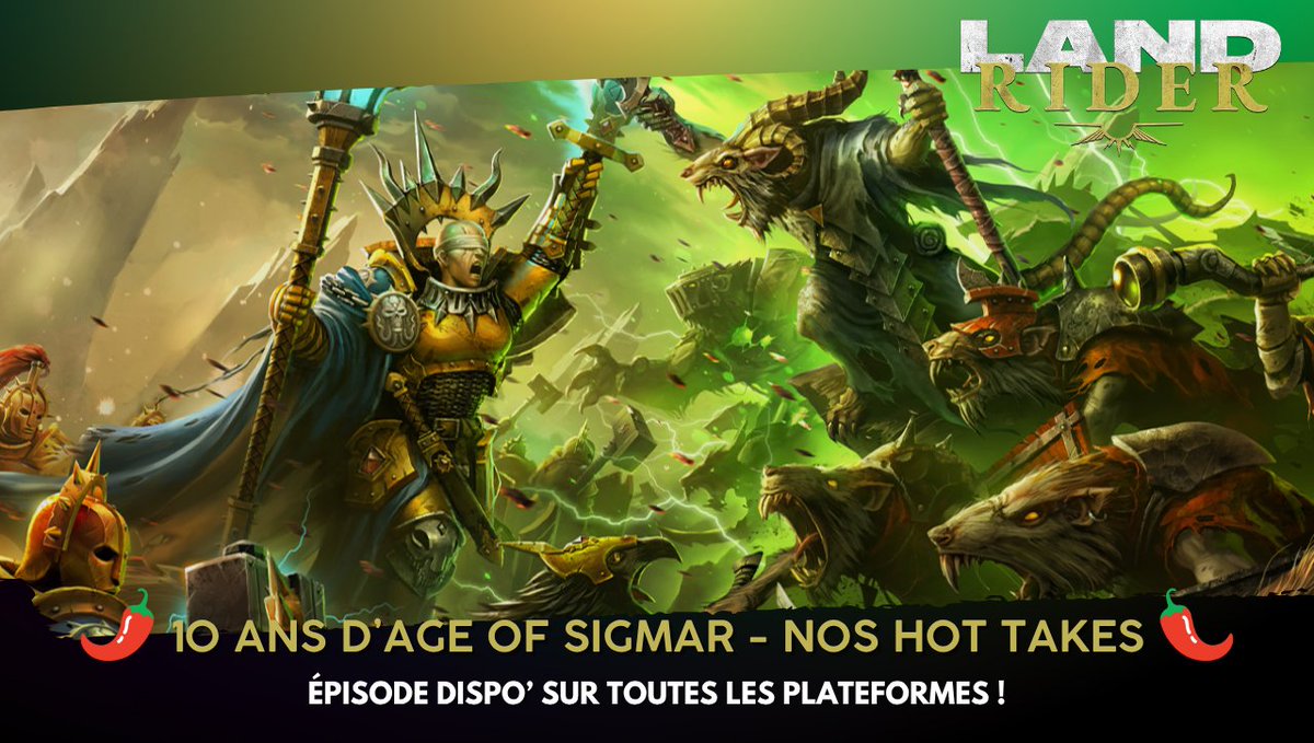 LandRiderPod's tweet image. AGE OF SIGMAR a 10 ans ! 🎂

Pour l&apos;occasion, on a sorti nos meilleurs hot takes - et les sauces piquantes qui vont avec ! 🫙 Déjà dispo&apos; sur votre plateforme de podcasts favorite et sur YouTube. 

Le RT assure un été SPICY ! 🌶️