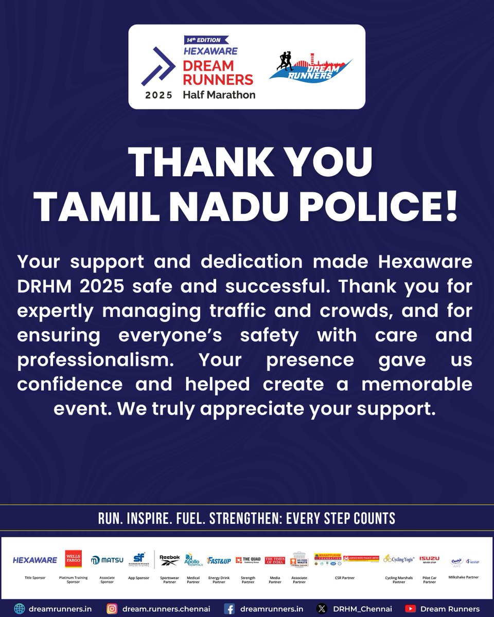 DRHM_Chennai's tweet image. A big salute to the Tamil Nadu Police for keeping Hexaware DRHM2025 safe and smooth!
Your support helped runners run with confidence.
@HexawareGlobal
@WellsFargo
@MatsuGlobal
@reebokindia
@FastandUp_India
@HospitalsApollo
@timesofindia
@nfwchennai
@ManappuramMAFIL
@IsuzuIndia