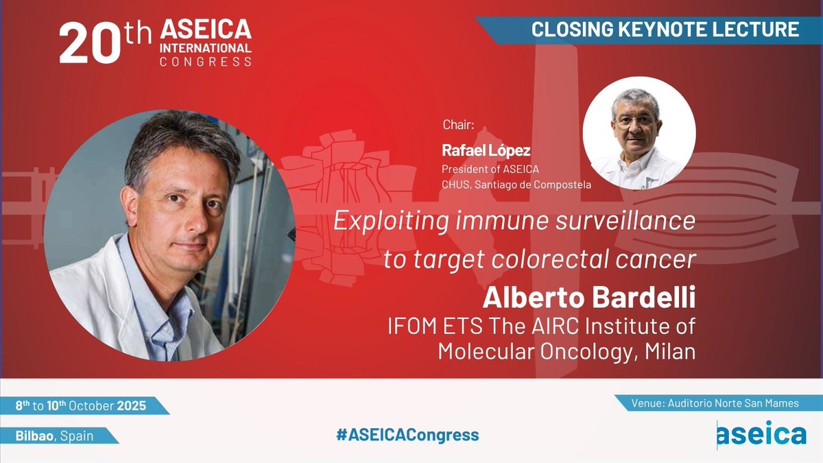 ASEICA (@aseicanews) on Twitter photo 🔴20th #ASEICACongress
📅8-10 OCT. (Bilbao)
👉Closing Lecture-Alberto Bardelli
📣'Exploiting immune surveillance to target colorectal cancer'
🪑<a href="/imos_indo/">Rafael Lopez</a>
Satellite events:
🟢#ASEICAJoven Retreat
⚫#ASEICAMed Retreat
🔵JORNADA DE DIVULGACIÓN
ℹ️aseica.es/20th-aseica-in… 🔴20th #ASEICACongress
📅8-10 OCT. (Bilbao)
👉Closing Lecture-Alberto Bardelli
📣'Exploiting immune surveillance to target colorectal cancer'
🪑<a href="/imos_indo/">Rafael Lopez</a>
Satellite events:
🟢#ASEICAJoven Retreat
⚫#ASEICAMed Retreat
🔵JORNADA DE DIVULGACIÓN
ℹ️aseica.es/20th-aseica-in…