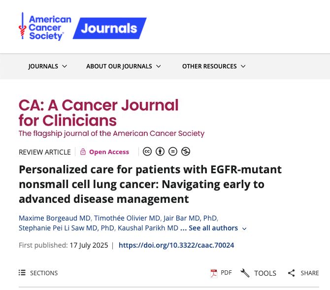 OncoAlert's tweet image. Out in one of our partner Journals @CACancerJournal
Personalized care for patients with EGFR-mutant nonsmall cell lung cancer: Navigating early to advanced disease management
buff.ly/vv1ol7z
The discovery of EGFR 🧬 mutations has transformed the treatment of…