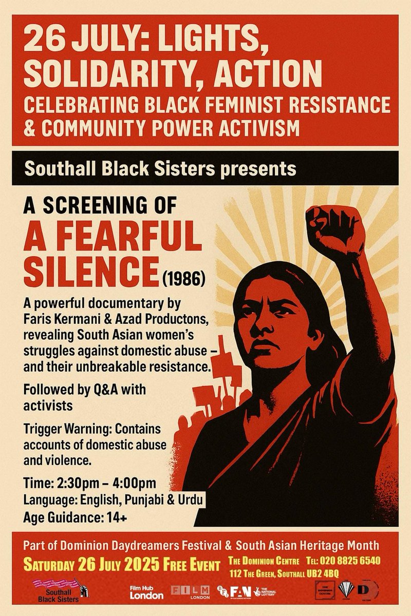 SBSisters's tweet image. 🎥 Lights, solidarity, action.
SBS presents A Fearful Silence, supported by @Film_London, as part of the #DayDreamers festival curated by #HouseofAEIOU.
Join to engage with stories of empowerment rooted in intersectional feminist values at 2.30pm, 26 July, at Dominion Centre.