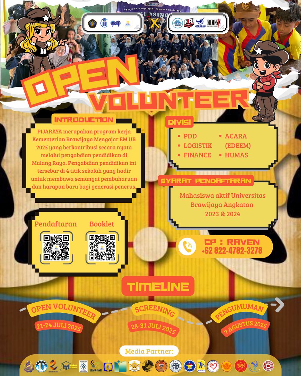 UBmengajar_EM's tweet photo. 🚨 OPEN VOLUNTEER PIJARAYA 2025 🚨

Waktunya turun langsung bawa perubahan di ruang kelas! 👩🏻‍🏫✨

📍Pendaftaran: 21–24 Juli 📋 Screening: 28–31 Juli 📣 Pengumuman: 7 Agustus 📌 Buat kamu Mahasiswa 2023 &amp; 2024

Divisi yang bisa kamu pilih: Acara, Humas, PDD, Logistik, Finance https://t.co/vZs32Ts2F7