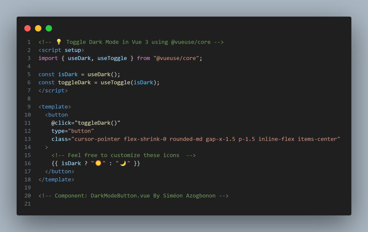 SimeonAzogbonon's tweet image. 🚀 New #VueJsTips snippet
A dark mode button in just three lines with VueUse
@VueUse is a treasure of smart composables.