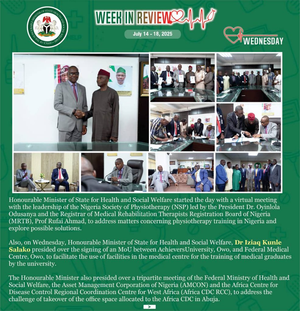 Fmohnigeria's tweet image. Reform in Action!
Last week, @SalakoIziaq :
🔹 Advanced physio training reform with NSP/MRTB
🔹 Expanded med training access via FMC–Achievers MoU
🔹 Resolved space issues with Africa CDC
🔹 Chaired the #Power4Health dialogue prep committee
#HealthSectorReform #Health4All…