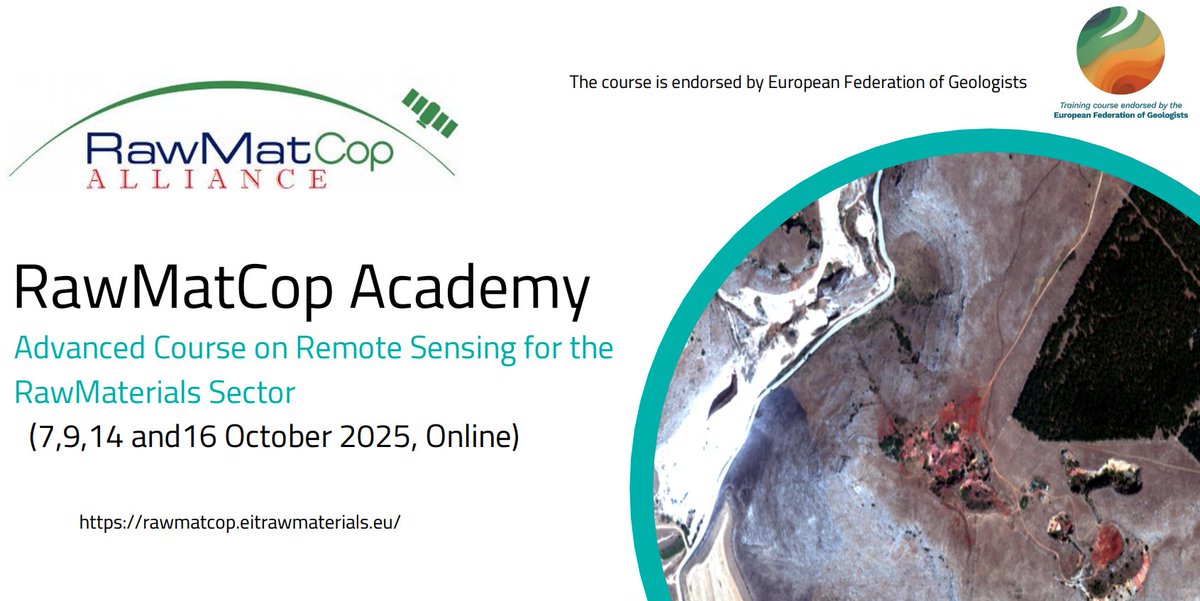 IGME1849's tweet image. 📢 ¡Inscríbete ya en el curso online Advanced RawMatCop!

📡 Teledetección aplicada a materias primas con Copernicus, Python y R

🗓️ 7, 9, 14 y 16 oct 2025

👩‍💼 Dirigido a profesionales y estudiantes

🔗 Info e inscripciones: apply.eitrawmaterials.eu/courses/course…
#RawMaterials #IGMECSIC