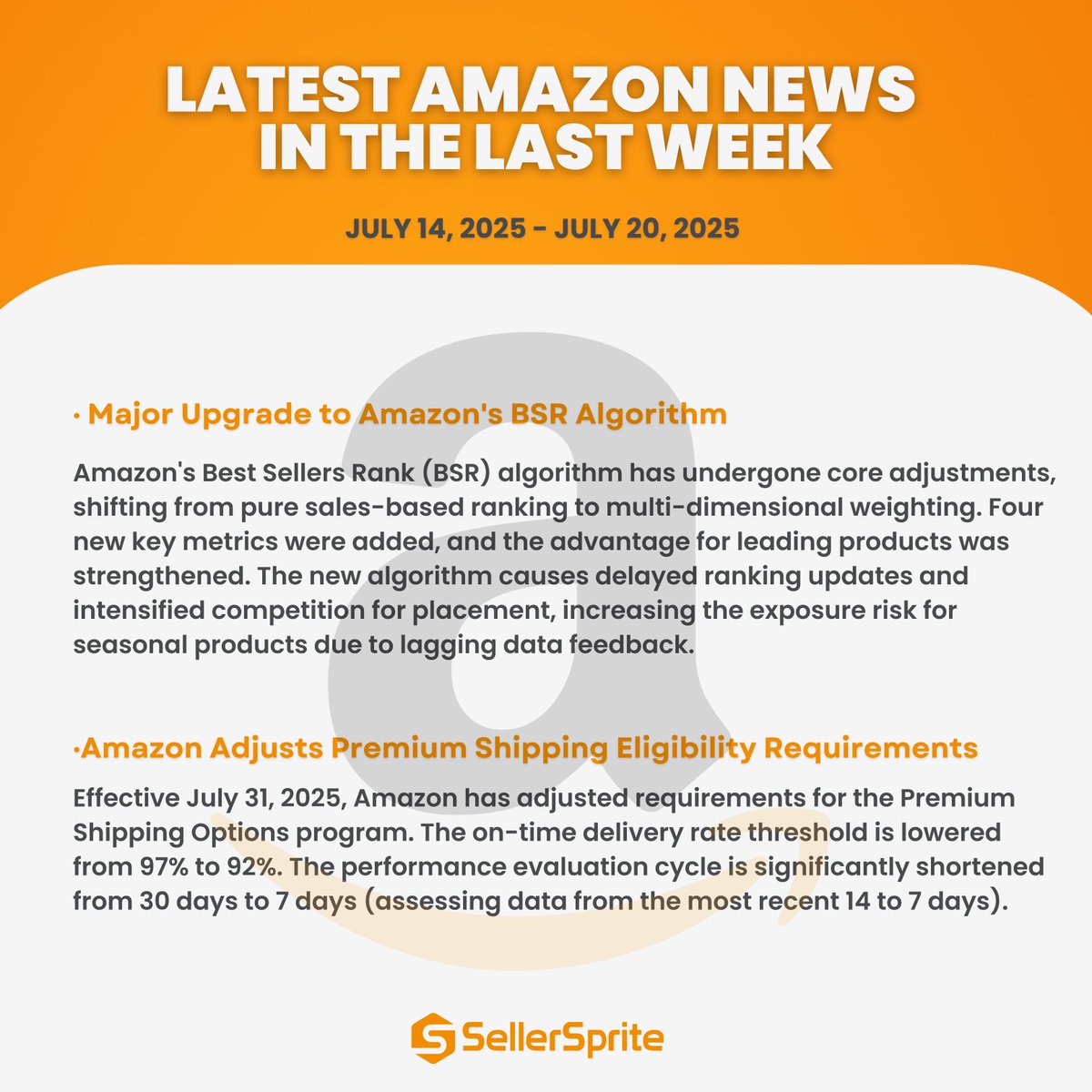 SellerSprite_EN's tweet image. 📢Important Amazon Seller Updates - July 2025
Stay ahead with these crucial policy changes!👀

#AmazonSeller #FBA #AmazonUpdate #EcommerceNews #PrimeDay2025 #SellerTips #SupplyChain #ProductHazards #AmazonPolicy #Ecom #SellerSprite
