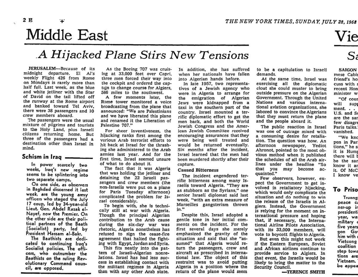 WashingtonViews's tweet image. #OnThisDay in 1968: The first (and thus far at least), only successful hijacking of an El Al airliner. Palestinian terrorists seized the #ELAl planed from Rome to Tel-Aviv and flew it to Algeria - where the passengers were held for 39 days @NYTimes &en.wikipedia.org/wiki/El_Al_Fli…