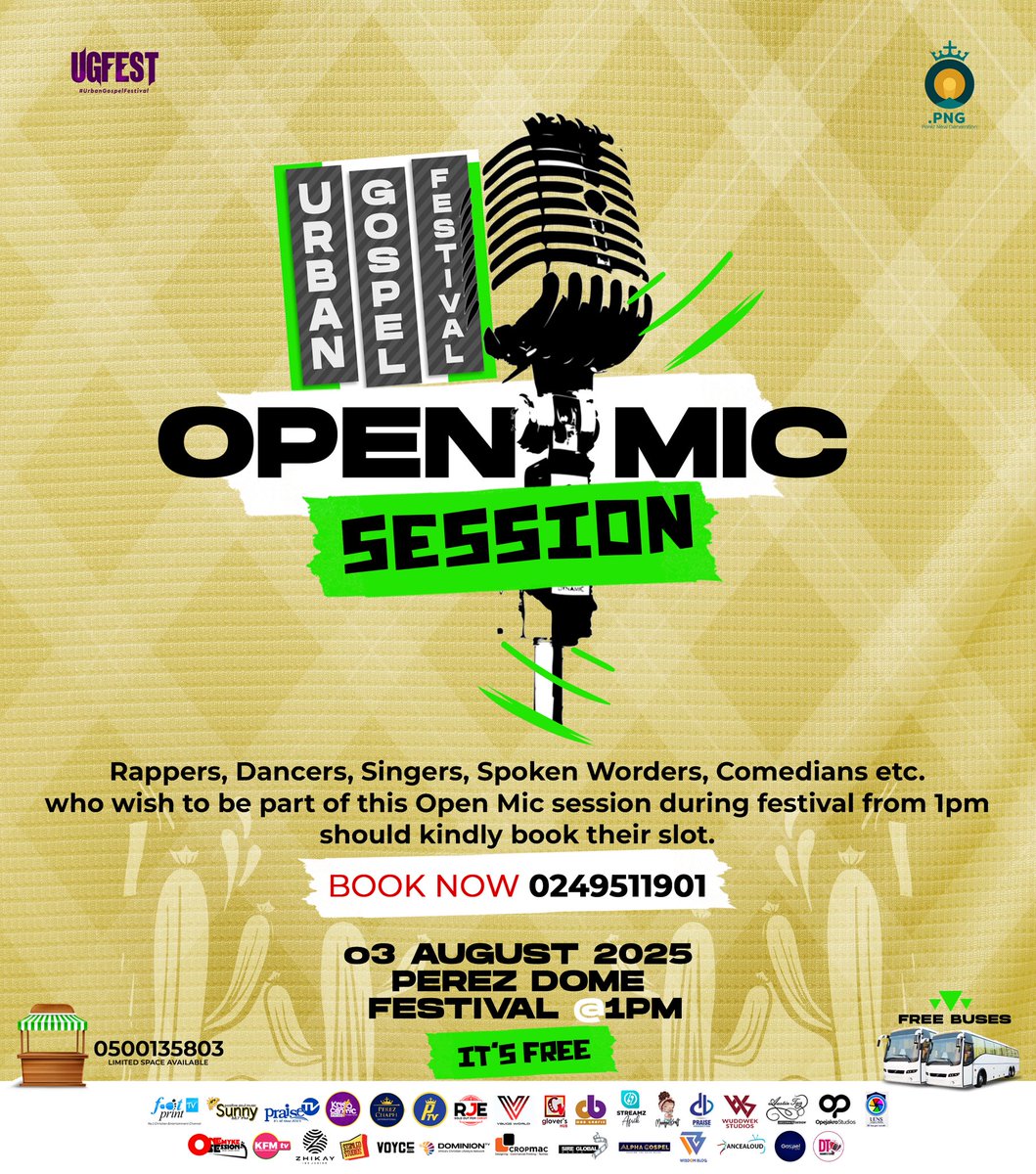 Missed the opportunity to be shortlisted to perform at the <a href="/UrbanGospeFest/">Urban Gospel Festival</a> CONCERT? 
No worries, all Rappers, Dancers, Singers, Spoken Worders, Comedians etc. who wish to be part of the OPEN MIC SESSION during the FESTIVAL should kindly book their slot. BOOK NOW 0249511901
