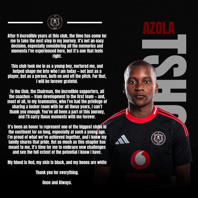 iDiskiTimes's tweet image. ๐๐๐ฅ๐๐ช๐๐๐ ๐๐จ๐๐๐๐ก๐๐๐ฅ๐ฆ โ ๏ธ๐ถ๏ธ
Azola Tshobeni has bid farewell from Orlando Pirates after securing a permanent move to Chippa United.
โAfter nine incredible years at this club, the time has come for me to take the next step in my journey...
"As much as this chapterโฆ