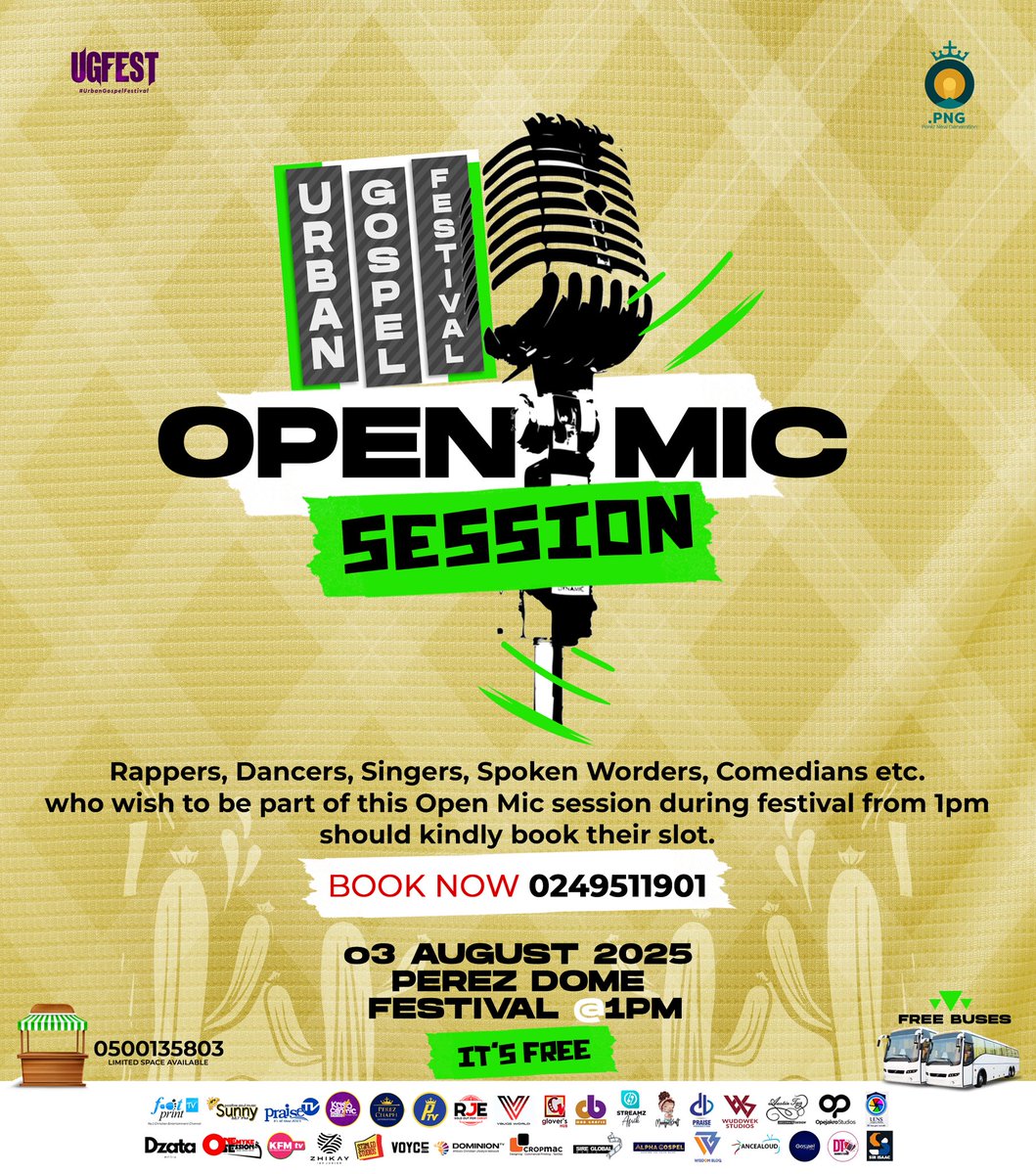 Missed the opportunity to be shortlisted to perform at the UGFEST25 CONCERT? No worries‼️
All Rappers, Dancers, Singers, Spoken Worders, Comedians etc. who wish to be part of the OPEN MIC SESSION during the FESTIVAL from 1pm should kindly book their slot. BOOK NOW 0249511901.