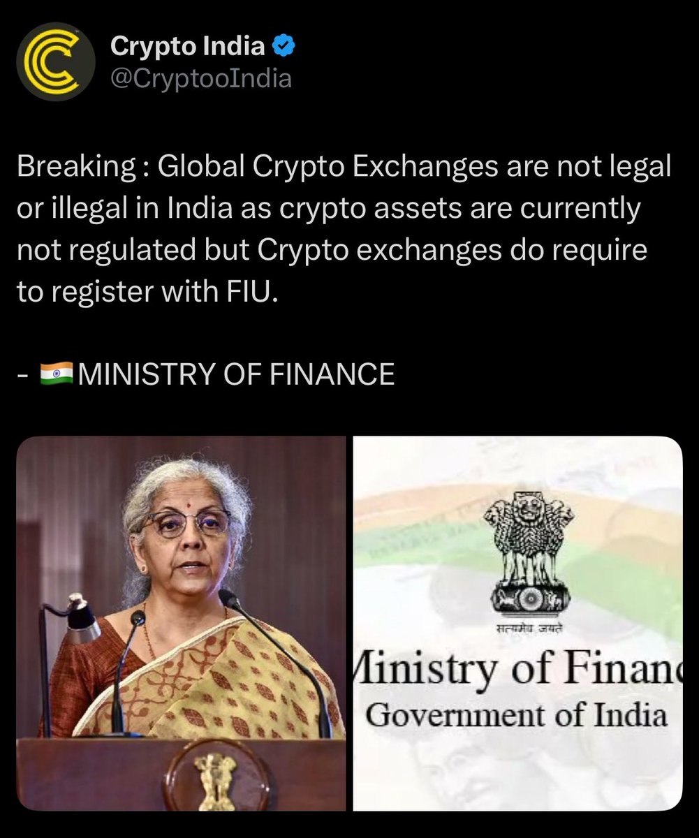 Berit1p's tweet image. If the crypto industry isn’t regulated in India, why are crypto exchanges being asked to register with the FIU?
You can’t have it both ways, either treat it as a regulated sector with clear laws
Expecting compliance without clarity makes no sense.