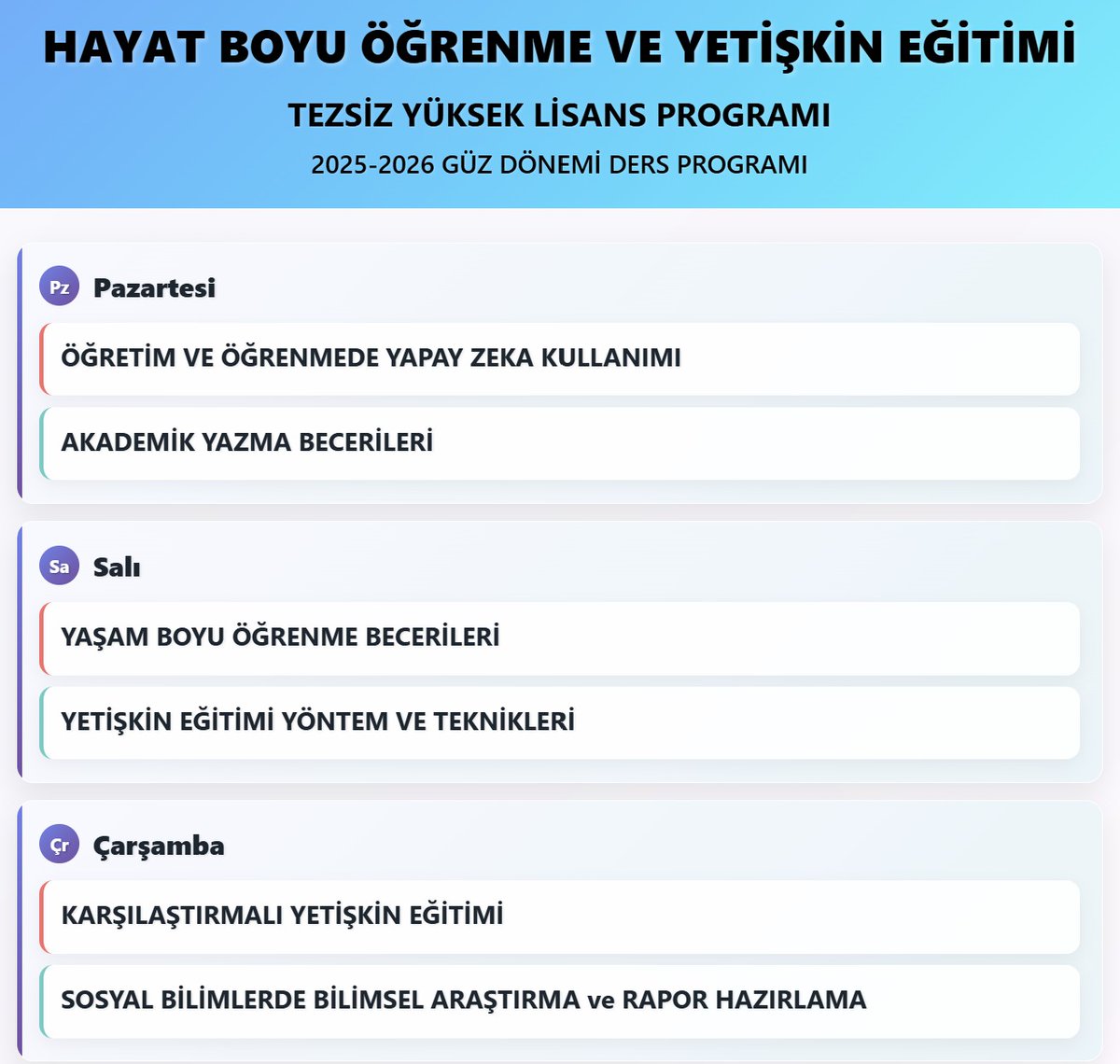 YTÜ Hayat Boyu Öğrenme ve Yetişkin Eğitimi ABD (@hayat_ytu) on Twitter photo ♾ 2025-2026 Güz yarıyılı tezsiz yüksek lisans başvuruları !
Bu dönem derslerimiz...
⌛️Başvuru Bitiş: 27 Ağustos 2025
ℹ️Ayrıntılar için web sitemizi ziyaret ediniz:egb.yildiz.edu.tr/anabilim-dalla…
<a href="/YildizEdu/">Yıldız Teknik Üniversitesi</a> <a href="/yildizegitim/">YTÜ Eğitim Fakültesi</a> <a href="/EgitimYtu/">YTÜ Eğitim Bilimleri Bölümü</a> <a href="/YTUSBE/">YTÜ Sosyal Bilimler Enstitüsü</a> ♾ 2025-2026 Güz yarıyılı tezsiz yüksek lisans başvuruları !
Bu dönem derslerimiz...
⌛️Başvuru Bitiş: 27 Ağustos 2025
ℹ️Ayrıntılar için web sitemizi ziyaret ediniz:egb.yildiz.edu.tr/anabilim-dalla…
<a href="/YildizEdu/">Yıldız Teknik Üniversitesi</a> <a href="/yildizegitim/">YTÜ Eğitim Fakültesi</a> <a href="/EgitimYtu/">YTÜ Eğitim Bilimleri Bölümü</a> <a href="/YTUSBE/">YTÜ Sosyal Bilimler Enstitüsü</a>