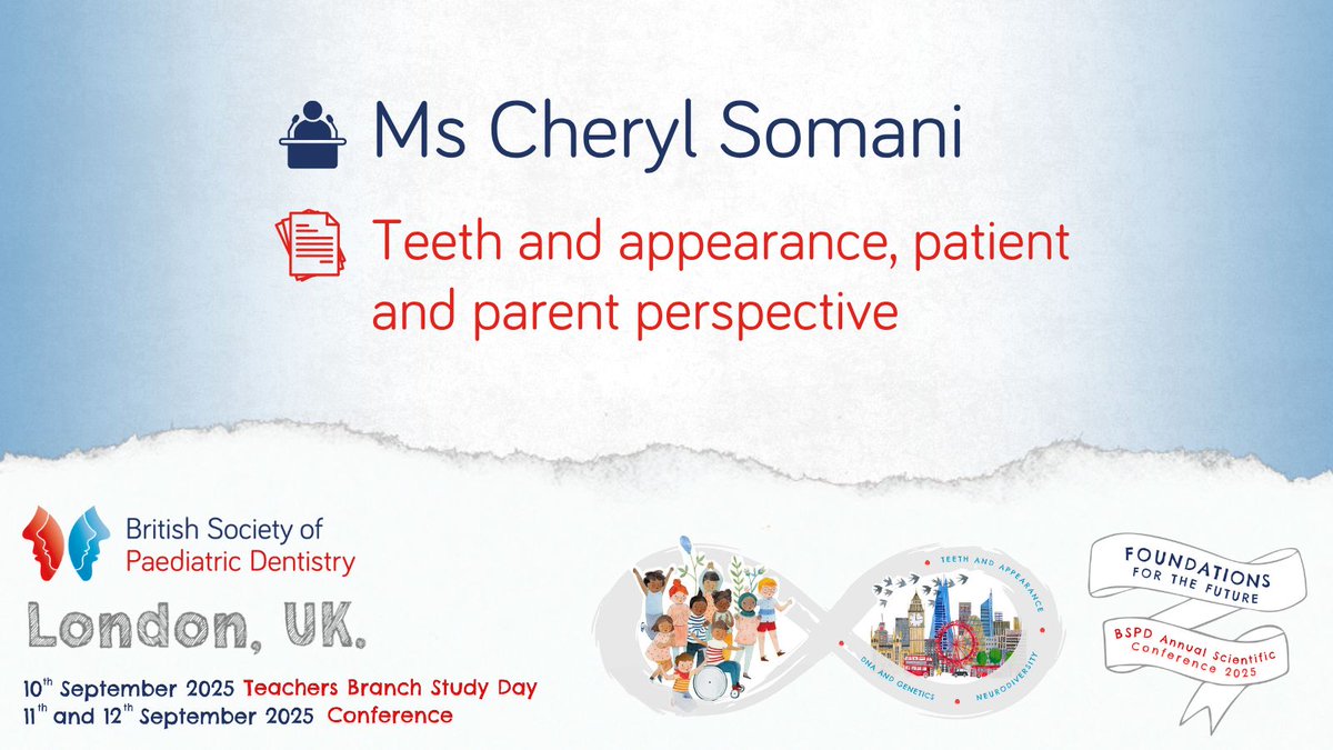 BSPDconf's tweet image. Highlight at #BSPD2025
🎙️Ms Cheryl Somani, Consultant in Paediatric Dentistry, University College London NHS Foundation Trust
📄 “Teeth and appearance, patient and parent perspective”
Find out more ➡️ fitwise.eventsair.com/bspd-2025/
@bspduk @connectTrainees @bspdteachers