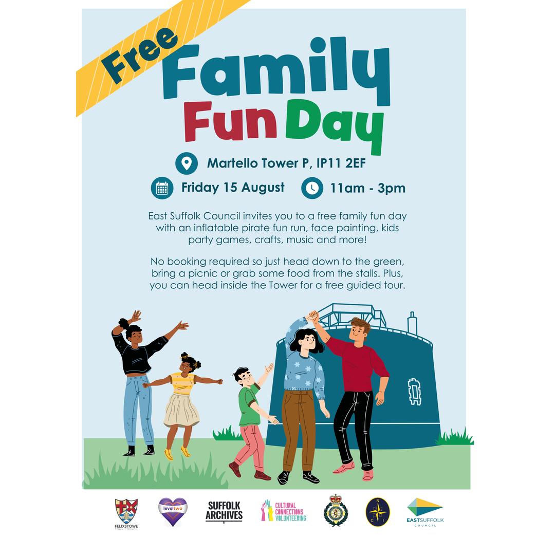 SuffolkArchives's tweet image. FREE Family Fun Day in #Felixstowe! Fri 15 Aug, 11am–3pm, Martello P. Face painting, kids' entertainer, scavenger hunt, games, food & more. Hosted by @EastSuffolk #FreeFamilyFun #EastSuffolkEvents