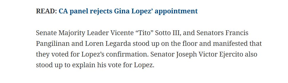 iam ian 🇵🇭 (@ianislander3) on Twitter photo One of PRRD’s best Cabinet picks, imo, but she was rejected by the CA. Senators Sotto, Pangilinan, Legarda, Ejercito, Drilon, Recto and Aquino voted to save her appointment.
Her own Cabinet colleagues opposed her move to shut down mining operations, citing a lack of due process. One of PRRD’s best Cabinet picks, imo, but she was rejected by the CA. Senators Sotto, Pangilinan, Legarda, Ejercito, Drilon, Recto and Aquino voted to save her appointment.
Her own Cabinet colleagues opposed her move to shut down mining operations, citing a lack of due process.