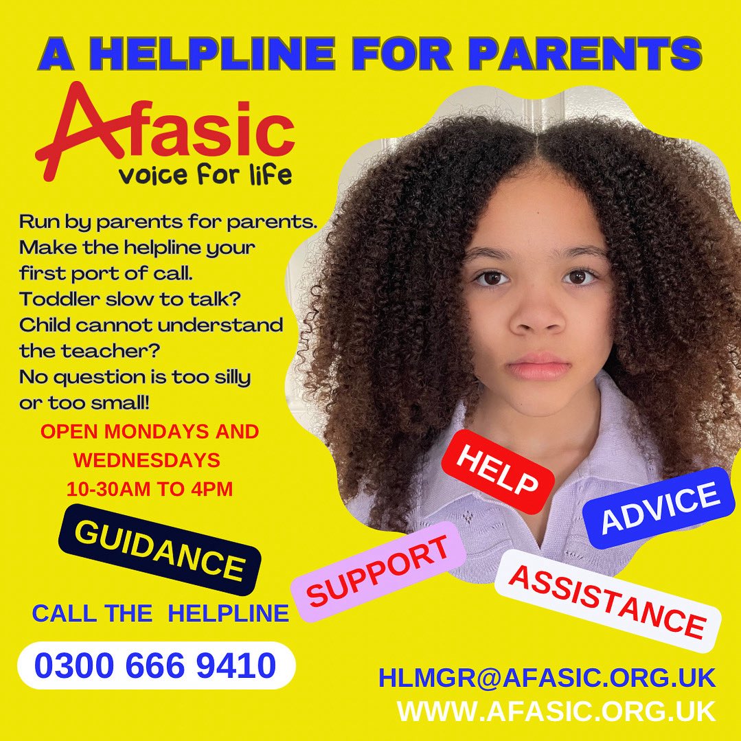 Afasic's tweet image. The Afasic helpline is open Mondays & Wednesdays 10.30am till 4.00pm to discuss difficulties your child may have with speech & language. 📞 0300 666 9410
afasic.org.uk
📧 Info@afasic.org.uk
afasic.org.uk/the-afasic-hel…