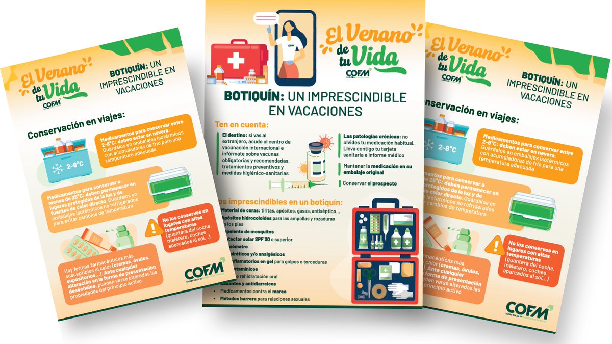 COFMadrid's tweet image. Antes de salir de #vacaciones, prepara un #botiquíndeverano que te ayude frente a cualquier imprevisto que pueda afectar a tu salud.
Te contamos cómo hacerlo📝 bit.ly/46V8jWU
¡Descarga la infografía didáctica! bit.ly/3IZEnyT
Y consulta siempre al #farmacéutico😉