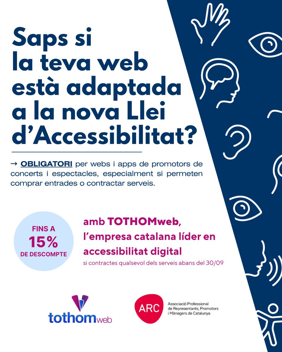 🚨Organitzes concerts o espectacles?

Ja és és obligatori que la teva web sigui accessible segons el Codi d'Accessibilitat i la Llei Europea.

Des d’ARC t’ho posem fàcil amb <a href="/TOTHOMweb/">TOTHOMweb</a>:
✅ Assessorament gratuït
💸 Fins a 15% de descompte
🔗 +info a administracio@arcatalunya.cat