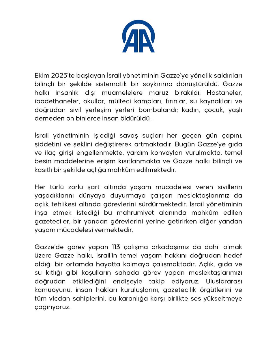 Gazze'de Açlık Tehlikesi Altında Olan Gazetecilere Yönelik Çağrı