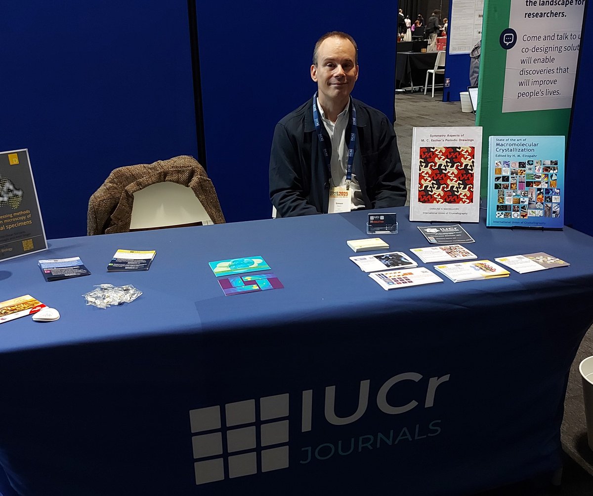 ActaCrystD's tweet image. It&apos;s day 4 of #ISBMECCB25 so do drop by the @IUCr stand! Now featuring the IUCr Journals tablecloth and a rare appearance by our Managing Editor!