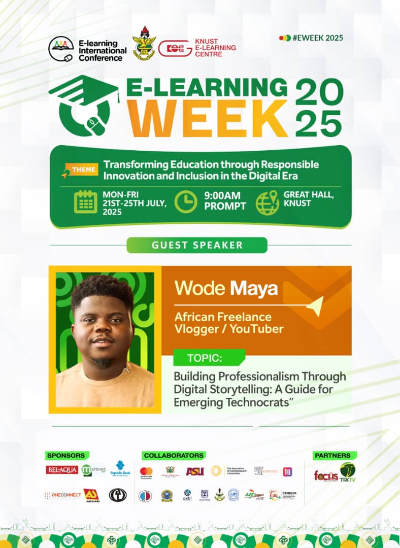 KNUSTGH's tweet image. Today at 4PM!
Wode Maya hits the KNUST E-Learning Week stage!
🎤 "Building Professionalism Through Digital Storytelling"
📍 Great Hall, KNUST, 4:00PM sharp
Don’t miss Africa’s top digital voice live!