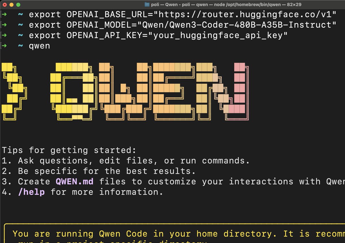 this is all you need to use the newest Qwen3-Coder-480B + cli using <a href="/huggingface/">Hugging Face</a> Inference Providers 

on benchmarks, it's competitive with Claude Code, now it's vibe check time ✨