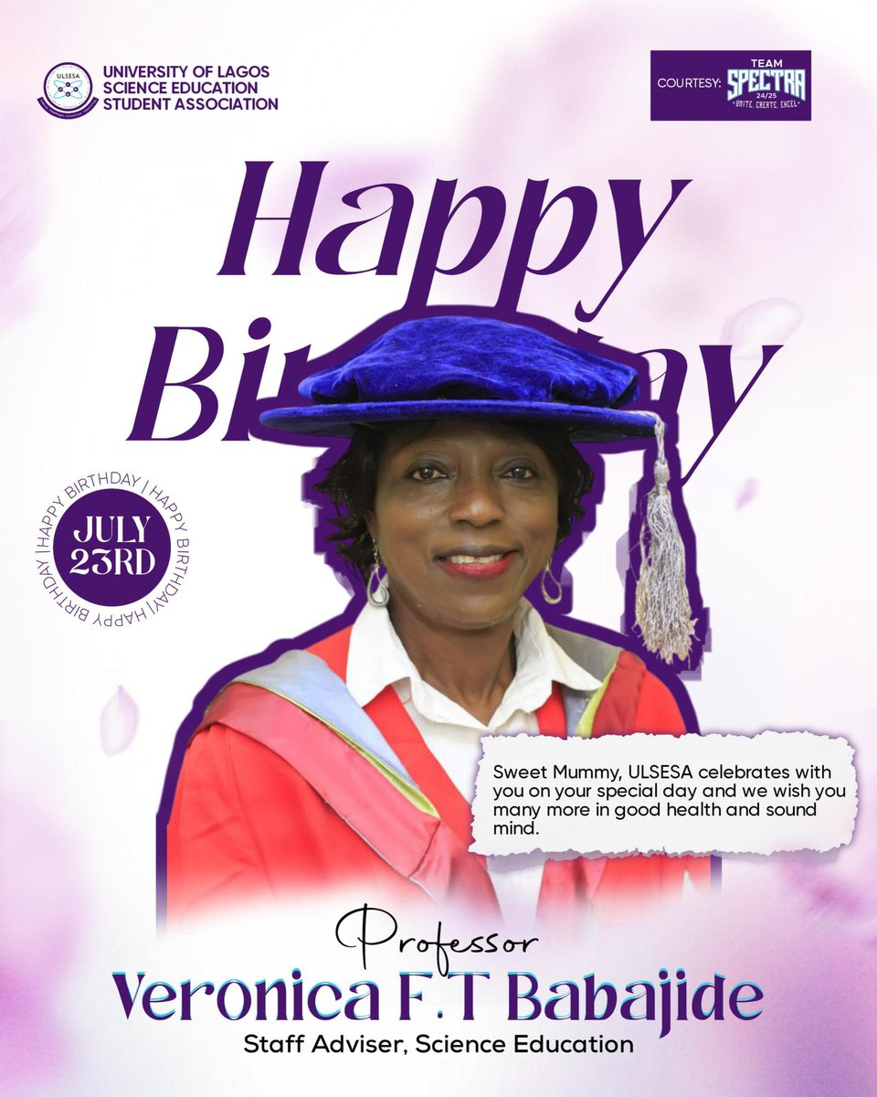 ulsesa01's tweet photo. Happy Birthday to the staff adviser of science education. 🥳
-Prof. Veronica F. T Babajide
Thank you ma, we love you 💜 https://t.co/yCvwztQh62