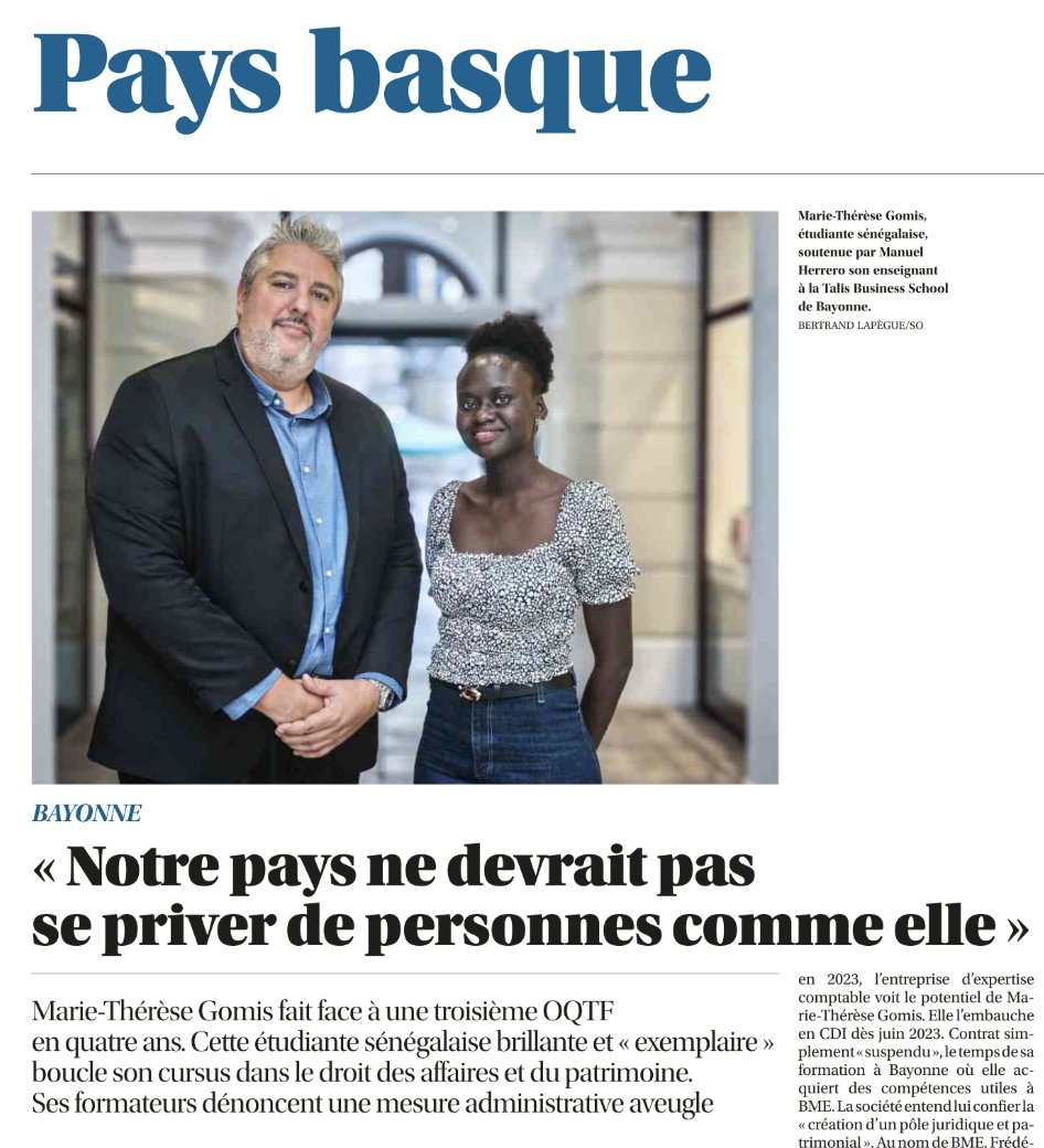 PaulLarrouturou's tweet image. Circulaire Retailleau : à Bayonne, une école de commerce se mobilise contre l’OQTF visant Marie-Thérèse Gomis, Sénégalaise arrivée légalement en 2016, en CDI depuis 2 ans, décrite comme une "élève exceptionnelle".
Article de @PierrePenin dans @sudouest
sudouest.fr/pyrenees-atlan…