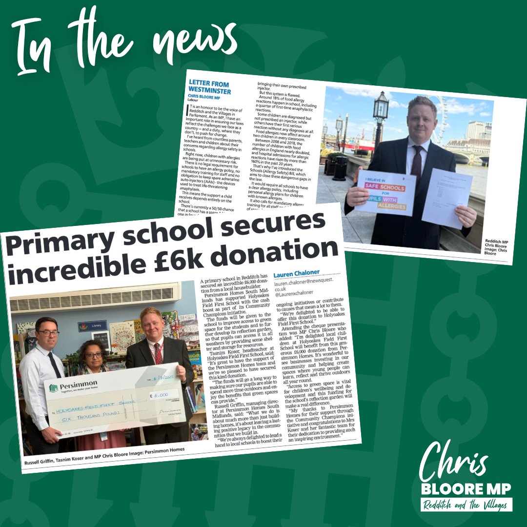 ChrisBloore's tweet image. 📰 IN THE NEWS
In Parliament, I’m proud to lead on the Schools (Allergy Safety) Bill to protect children nationwide—and in Redditch, I’m supporting Holyoakes Field First School’s new reflection garden
Read more in today’s @Redd_Advertiser:
redditchadvertiser.co.uk/publications/