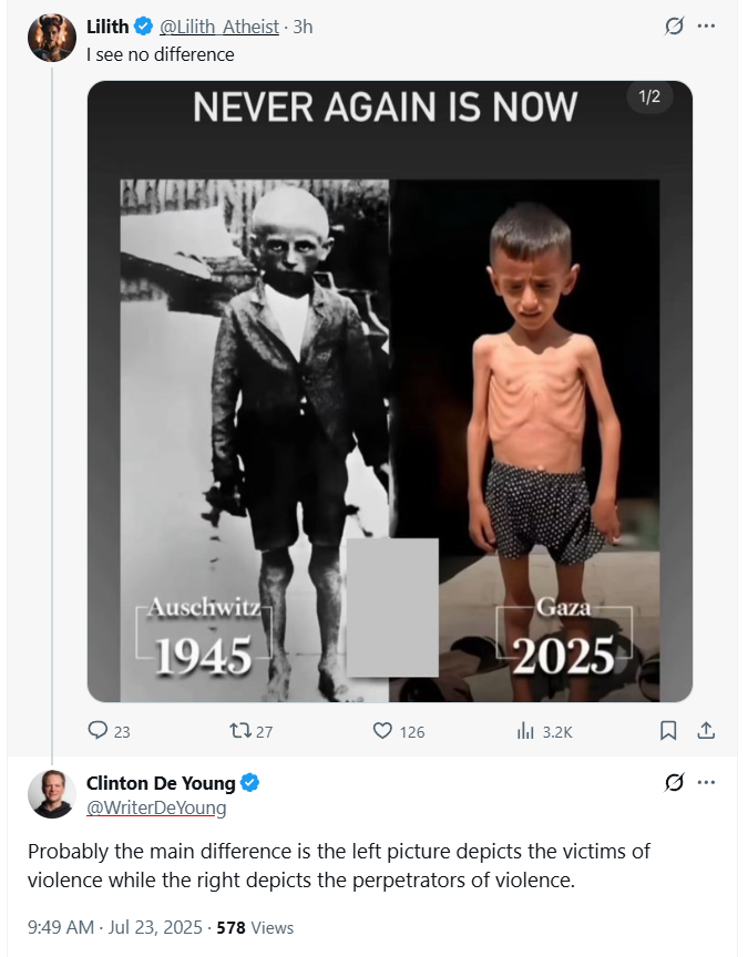 GumbyFella's tweet image. Stepped right into a stack of shit again...
"the child on the right is a perpetrator of violence!" according to a "Christian".
I am already glad that he didn't claim that the left child was too.
But the next person that commented claims Auschwitz is fake...
🤮