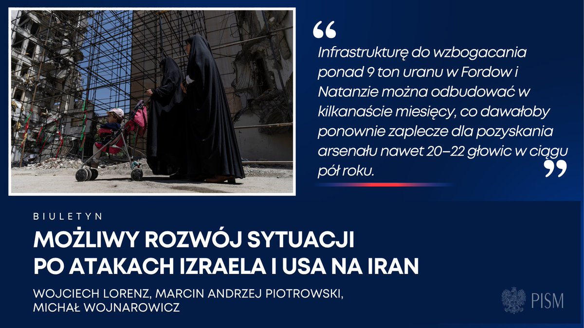 PISM_Poland's tweet image. 🇺🇸🇮🇱🇮🇷Co dalej po atakach Izraela i USA na Iran? @LorenzWojciech, @M_A_Piotrowski i @miwojnarowicz analizują możliwe scenariusze i rolę UE.
⏳Władze Iranu mogą wznowić negocjacje z USA, by uniknąć kolejnych ataków, ale prawdopodobnie będą grać na czas.
☢️Należy zakładać, że…