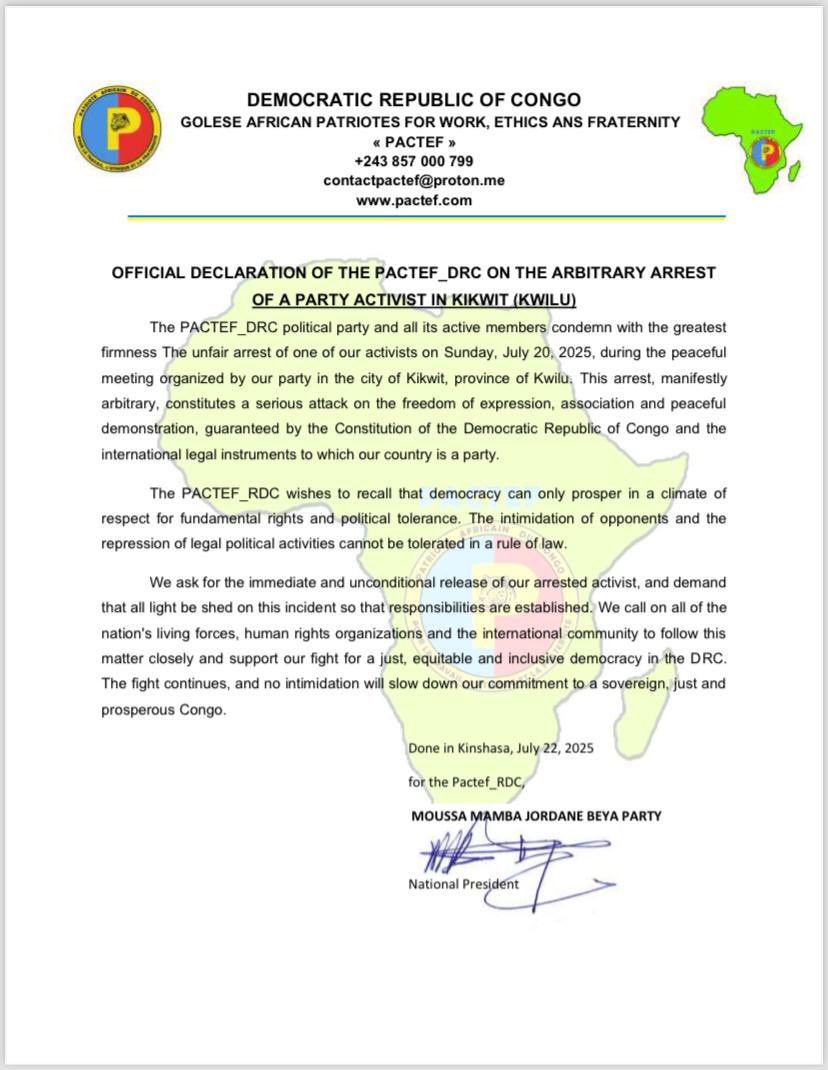 pactef_rdc's tweet photo. 📍Official Statement from PACTEF_RDC
On the arbitrary arrest of a party activist in Kikwit (Kwilu)
The political party PACTEF_RDC and all its active members condemn in the strongest possible terms the unjust arrest of one of our activists that occurred on Sunday, July 20, 2025, https://t.co/ln1Wv7NFbJ