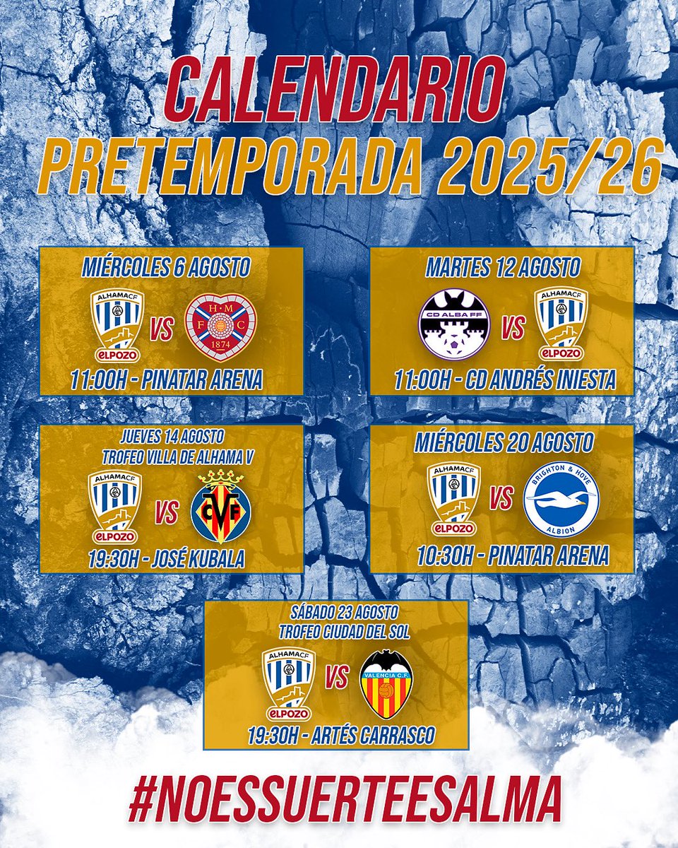 📆𝗖𝗮𝗹𝗲𝗻𝗱𝗮𝗿𝗶𝗼 𝗽𝗿𝗲𝘁𝗲𝗺𝗽𝗼𝗿𝗮𝗱𝗮 𝟮𝟱/𝟮𝟲

🔜Estos son nuestros partidos de preparación para la temporada 2025/26

#NoESSuerteEsAlma #AlhamaCF
