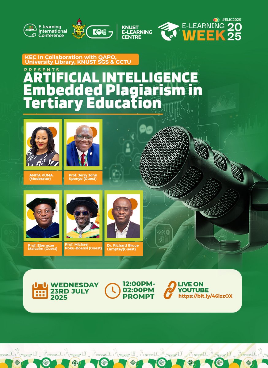KNUSTGH's tweet image. 🎙️ E-Week 2025 Podcast
📌 AI-Embedded Plagiarism in Tertiary Education
🗓️ Wed, July 23 | 🕛 12:00PM
📺 Watch live: youtube.com/live/HF9pWmBYa…
