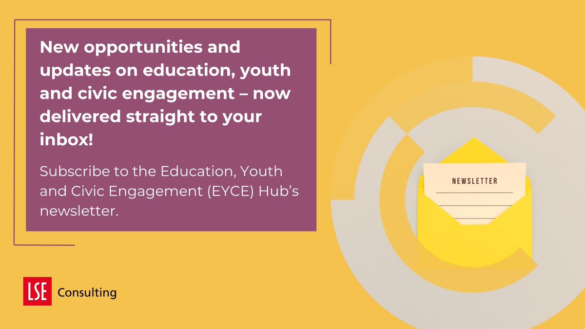 📢 LSE Consulting's EYCE Hub has a new newsletter!
Get the latest on education, youth &amp; civic engagement research — direct to your inbox.
🔗 Sign up now: eepurl.com/jjqyok

<a href="/elisabetvives/">Elisabet Vives</a> #Youth #Education #CivicParticipation