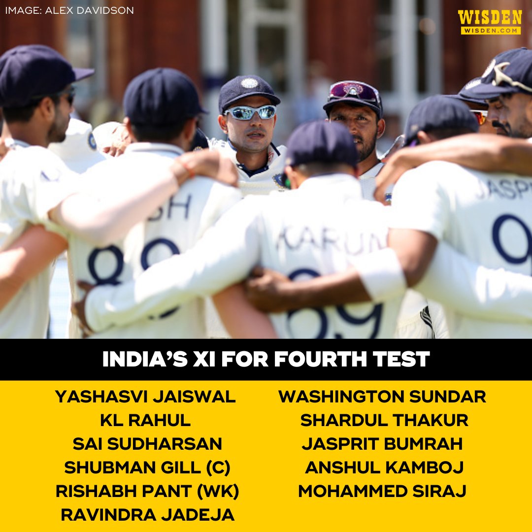 WisdenCricket's tweet image. Sai Sudharsan ✅
Shardul Thakur ✅
Anshul Kamboj ✅
India have made three changes for the fourth Test against England.
#ENGvIND