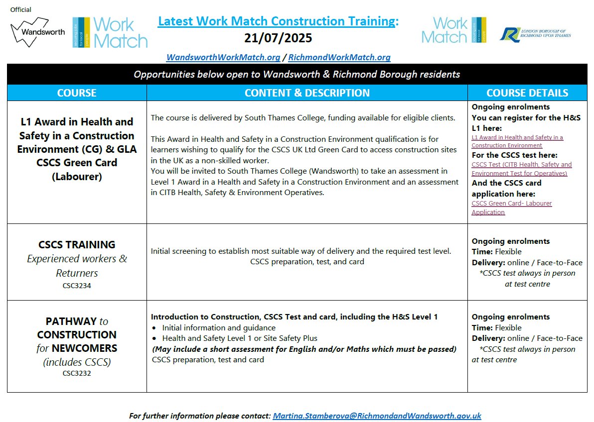 WorkMatchWrk's tweet image. #Wednesday is #ConstructACareer
Check the images below for our Free #Construction & #GreenSkills training opportunities & Job Vacancies open exclusively to residents of the London Boroughs of Wandsworth & Richmond.👇👇👇
For details & to enrol or apply➡️shorturl.at/pO6Gh