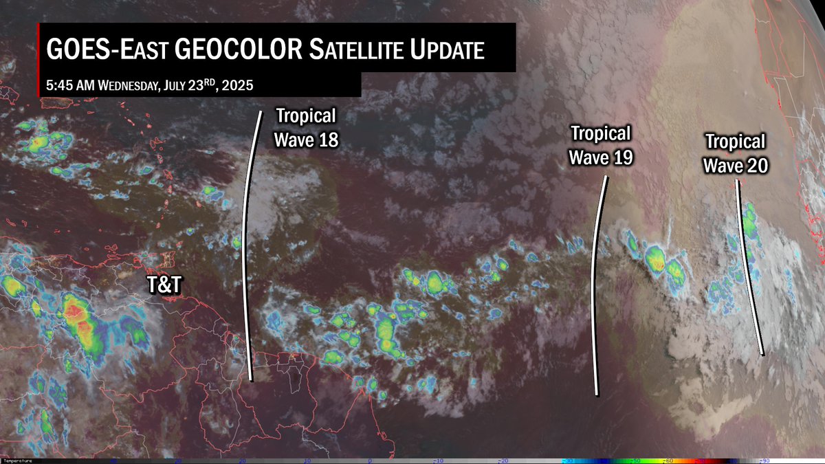 TTWeatherCenter's tweet image. The first of three tropical waves forecast to move across Trinidad and Tobago and the Lesser Antilles over the next five days is expected to pass today, with periods of heavy rainfall and gusty winds likely, mainly north of T&T.
Today's main hazards will be slow-moving showers…