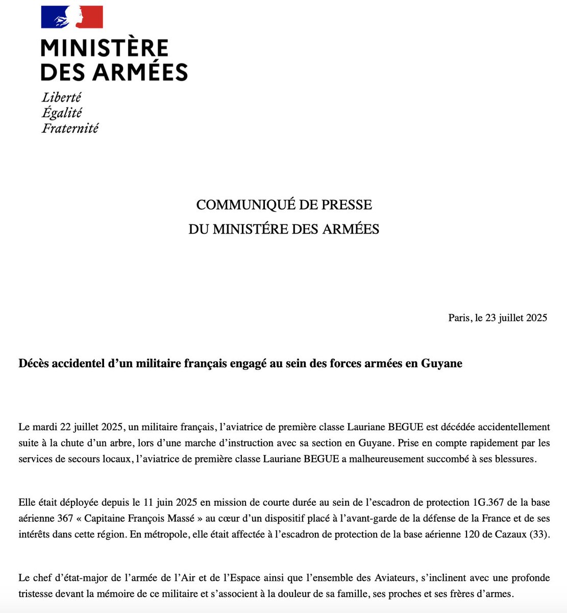 Armee_de_lair's tweet image. L’armée de l’Air et de l’Espace a la profonde tristesse de vous faire part du décès accidentel de l’aviatrice Lauriane BEGUE en Guyane. Nos pensées vont à sa famille, ses proches et ses frères d'armes.