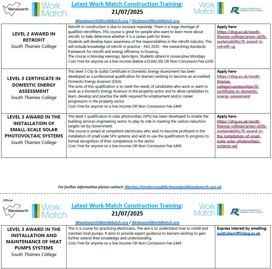 WorkMatchWrk's tweet image. #Wednesday is #ConstructACareer
Check the images below for our Free #Construction & #GreenSkills training opportunities & Job Vacancies open exclusively to residents of the London Boroughs of Wandsworth & Richmond.👇👇👇
For details & to enrol or apply➡️shorturl.at/pO6Gh
