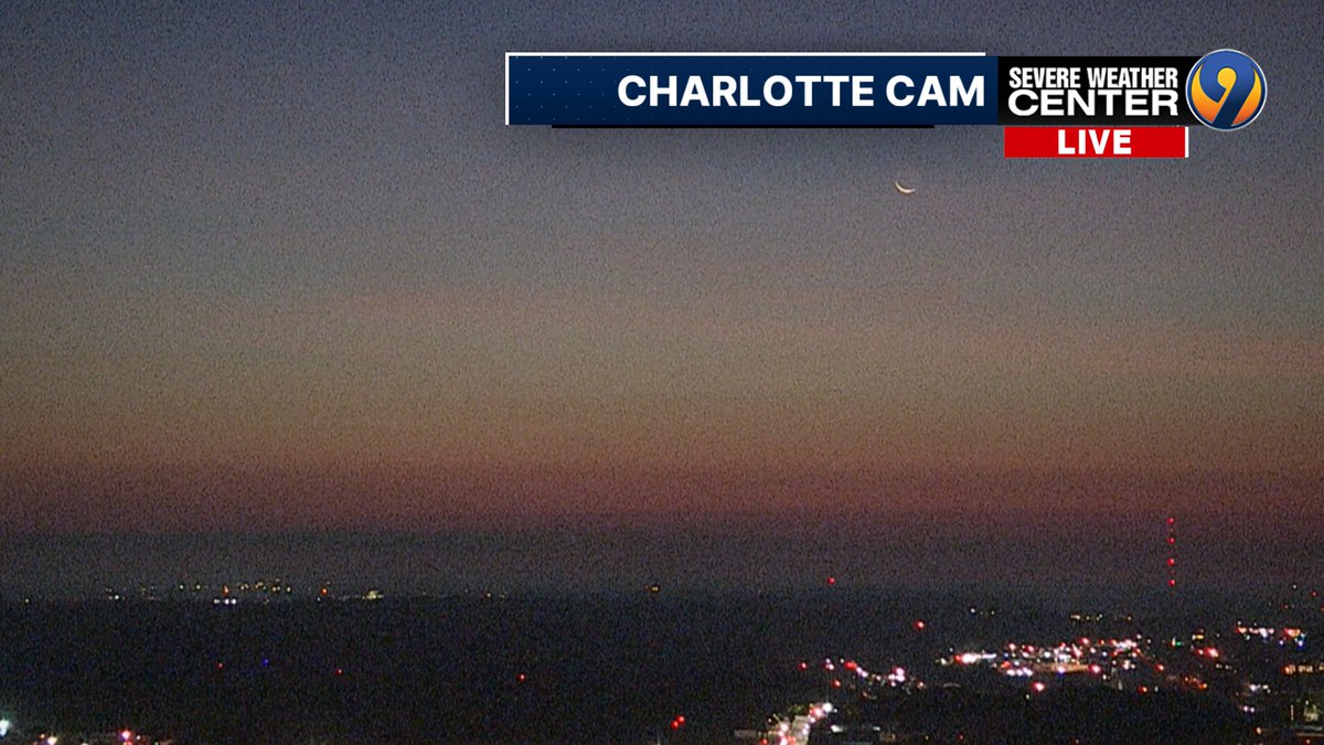 kmondayWSOC9's tweet image. Still a hazy view this morning over Charlotte, but the humidity is dropping down. Nice view of the sliver moon rising in the eastern sky this morning too.